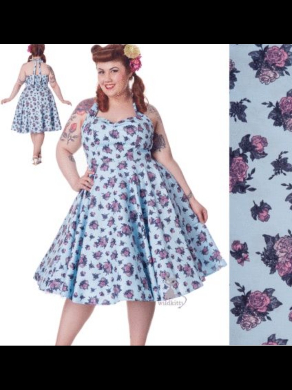 Hell Bunny Vixen Cotton Powder Blue Rose Print Swing Dress